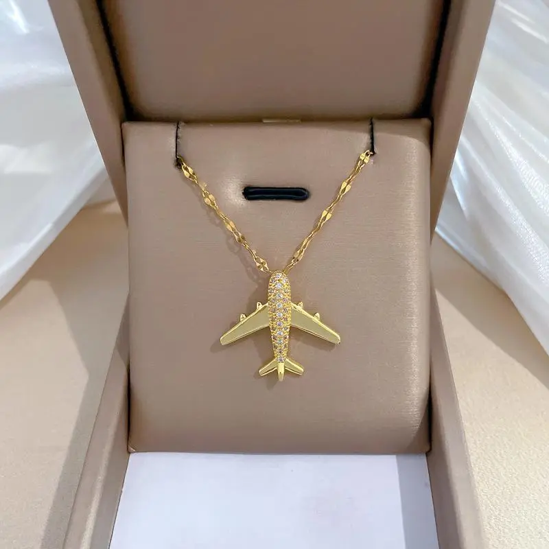 Cute 3D Zircon Airplane Pendant Necklaces for Women Girls Stainless Steel Chain Jewelry Accessories Birthday Christmas Gifts