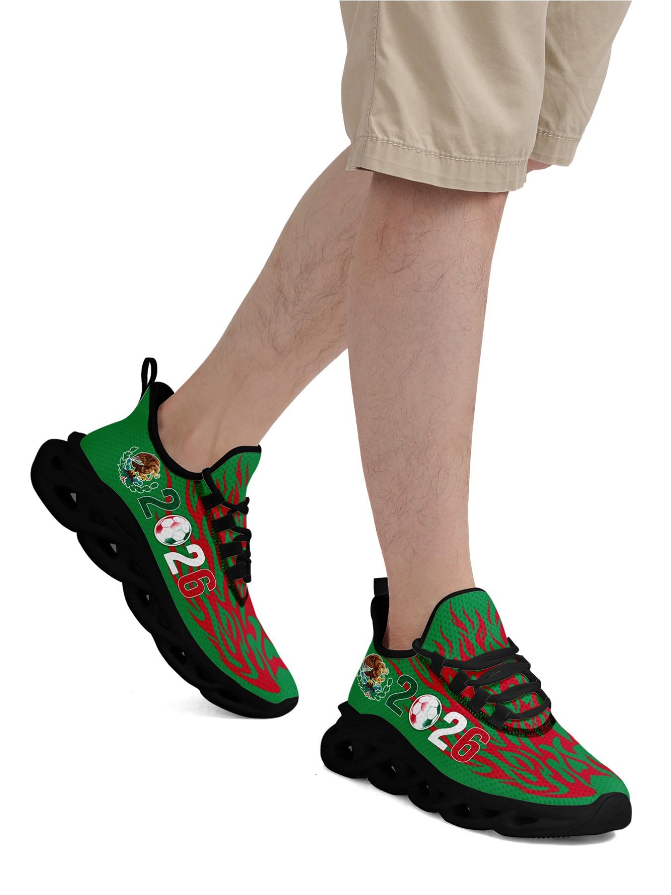 Men's Mexico 2026 Green Red Flame Soccer Eagle Print Sport Shoes, Wide Fit, Plus Size, Trendy Casual Sneakers for Daily Walking, Gym & Outdoor