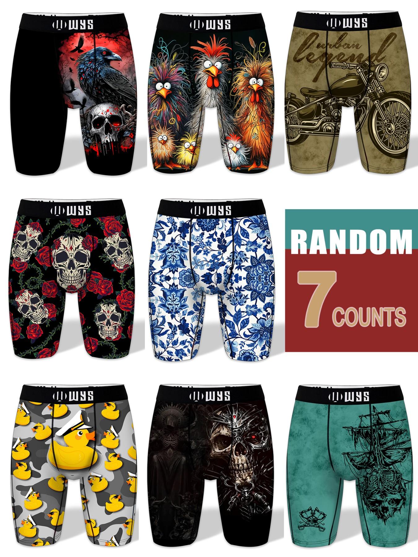 RANDOM-7PCS,Men's 7-Pack Long Brief Underwear, Boxer Briefs, Moisture-Wicking, Anti-Chafing, Quick-Dry, Sporty, Halloween Prints, Comfortable, All Seasons
