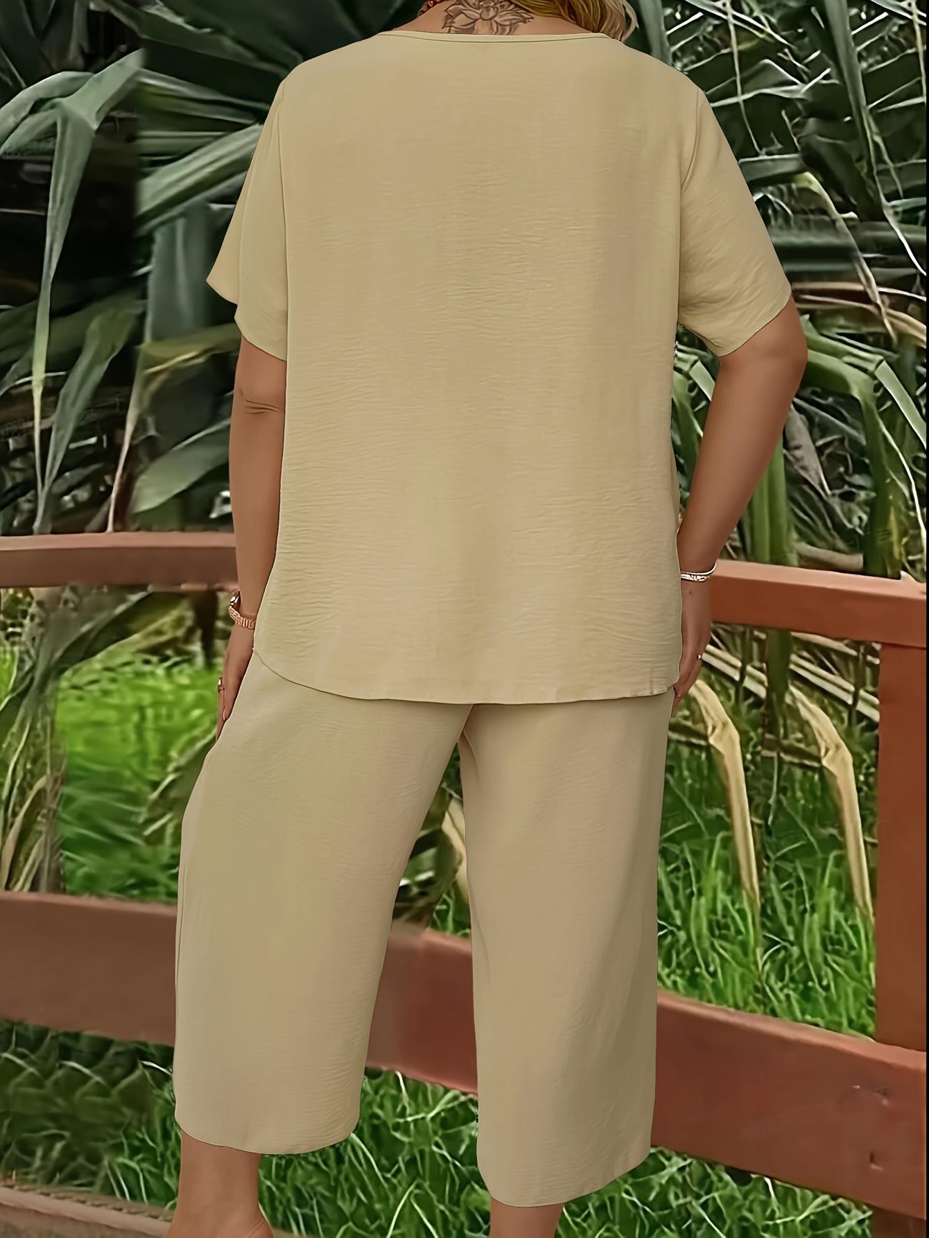 Elegant Plus Size Women's Solid Color Short Sleeve Fashion Top & Casual Wide Leg Pants Set, Summer, Comfortable & Stylish Elegant Plus Size Women's Solid Color Short Sleeve Fashion Top & Casual Wide Leg Pants Set, Summer, Comfortable & Stylish