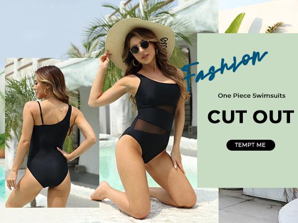 Tempt Me Women One Shoulder One Piece Swimsuits Full Coverage Cutout Mesh Sexy Bathing Suits Tummy Control Swimwear
