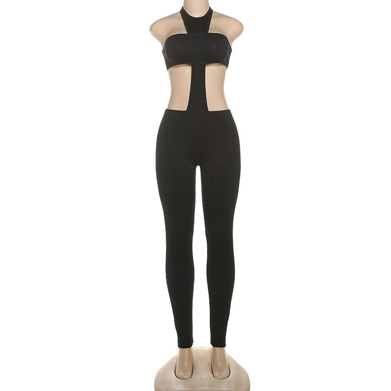 DOUCIU Nightclub Bar Music Festival Sexy Hot Street Personality Cool Women'S Thin Solid Color See Though Cross Shaped Halter Long Jumpsuit