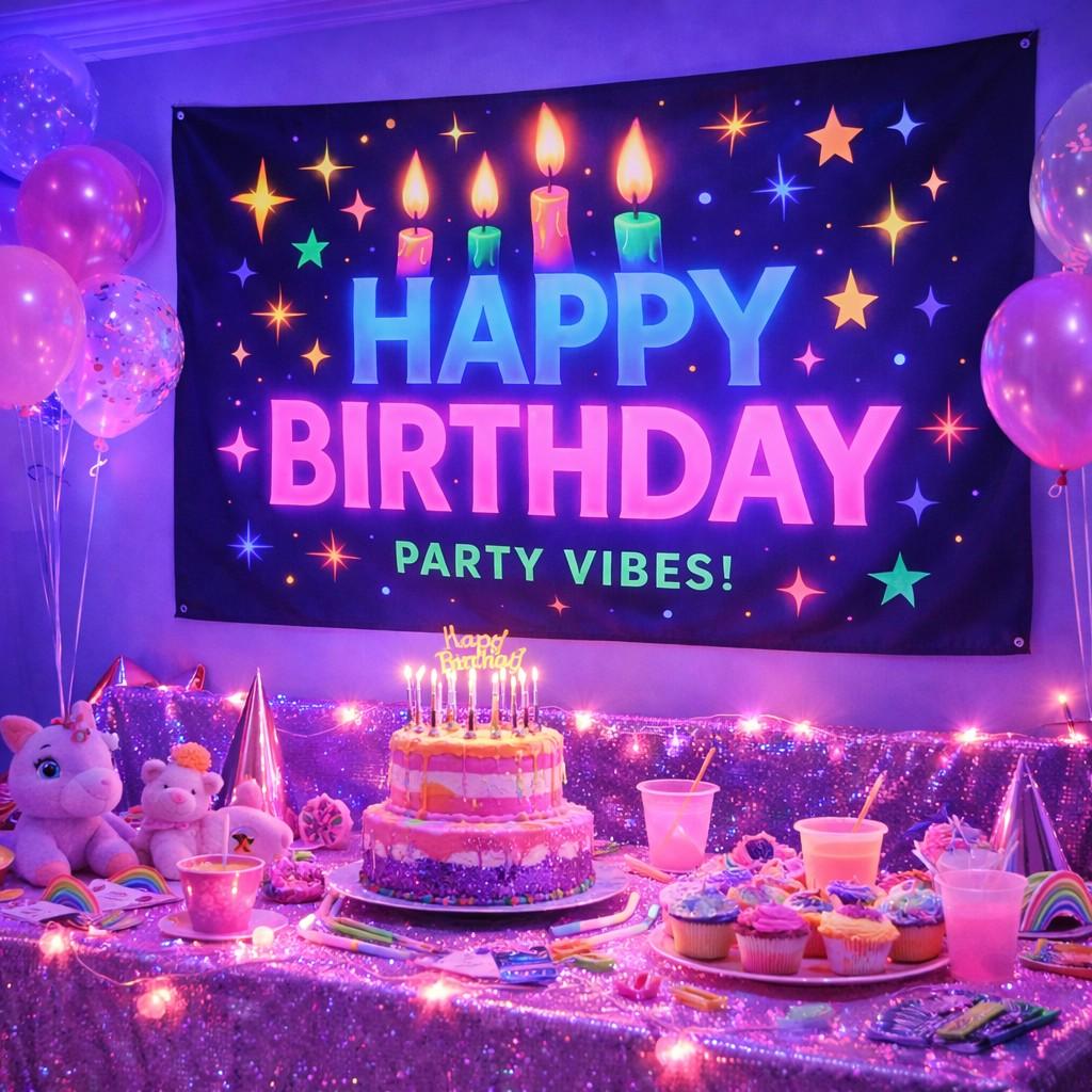 Blacklight Happy Birthday Tapestry 3x5 FT – Neon Glow Party Banner for Kids & Teens