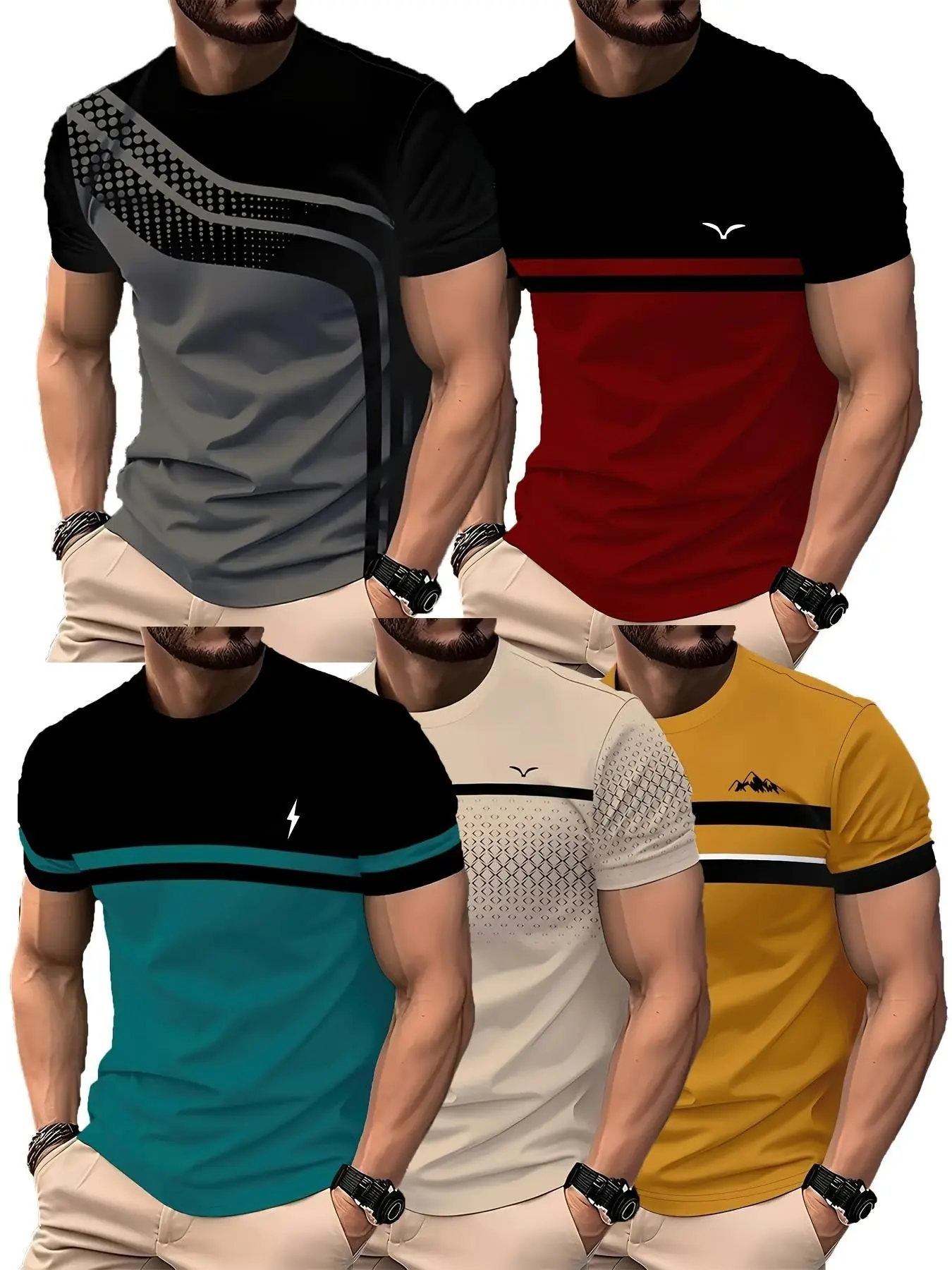 Set of 5, Striped Print Men'S Stylish Casual Short-Sleeve T-Shirts, Gradient Color Summer Round-Neck Quick-Dry Breathable Short-Sleeve T-Shirts