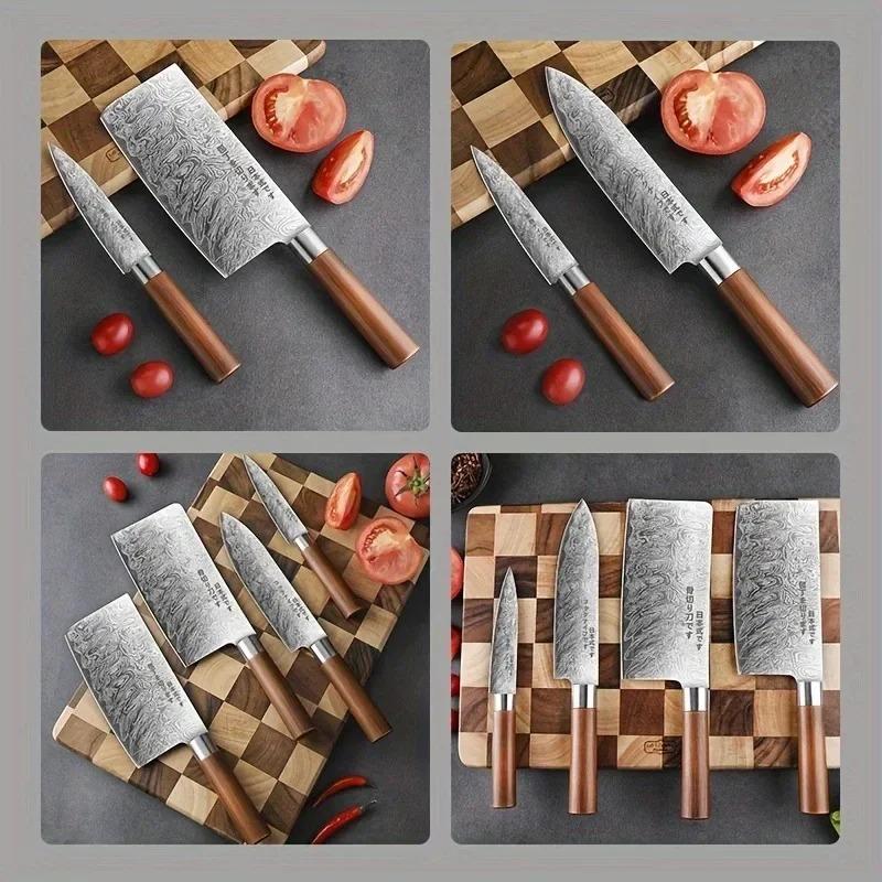 Japanese Style Laser Kitchen Knife Set, 4 Counts/set Multifunctional Chef Knife, Sharp Bone Cutting Knife, Practical Fruit Knife Cutting Tools