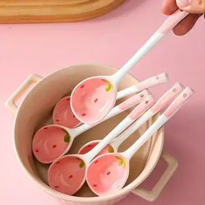 Cute Strawberry Ceramic Spoon, Reusable Long Handle Ice Cream Scoop, Hand-Painted Design, Durable for Home and Café