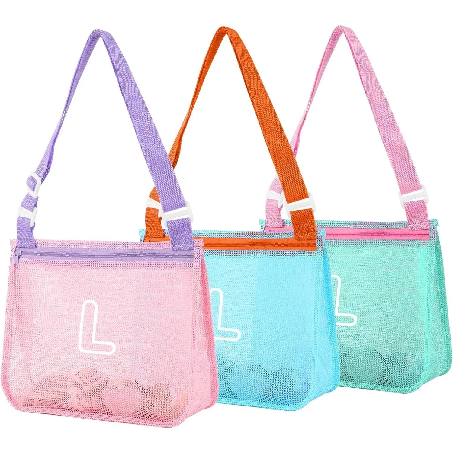 3Pcs Personalized Kids Beach Shell Bag, Initial Seashell Mesh Zipper Beach Pouch, Shell Collecting Bag for Holding Shells with Adjustable Straps, Sand Toys Swim Pouch Gift for Girl Boy Teens(Letter L)