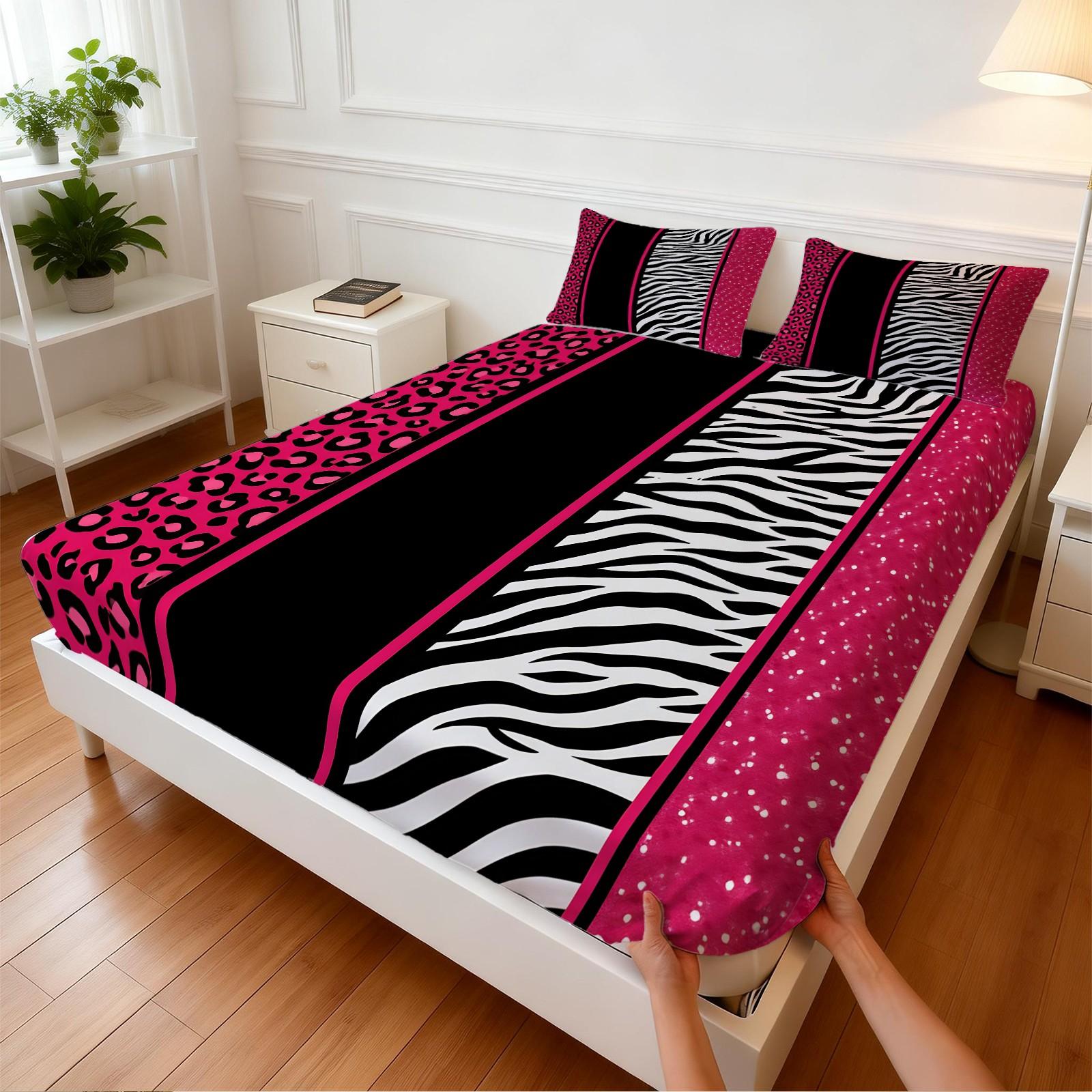 3Pcs Sweet Cool Leopard Zebra Print Fitted Sheet Set, Color Block Patchwork Print, Durable Wrinkle Resistant No Pilling, Perfect for Graduation Season Rental Room Personalized Bedroom Arrangement