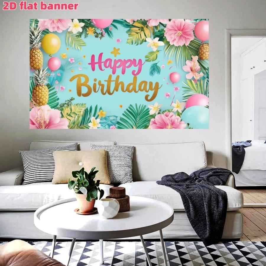Hawaiian Birthday Party Backdrop Banner, Flamingo Palm Leaf Aloha Tropical Floral Theme, Polyester Material, Indoor Outdoor Party Decor