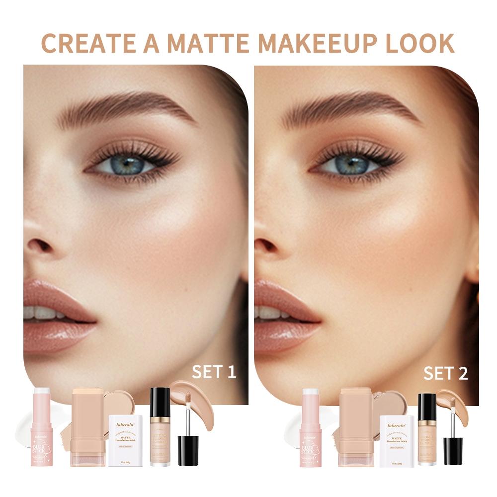Face Base 3 in 1, Pore Minimizing Primer Stick + Multi-Use Concealer & Highlighter (Dual-Use) + Matte Foundation Stick with Brush, Long-Lasting Makeup Set, Waterproof & Sweat-proof, Full Coverage, Flawless Base Makeup Face Makeup Sets