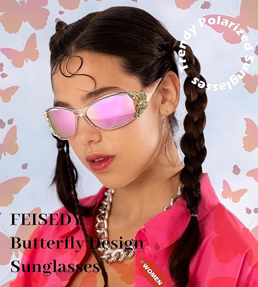 Polarized Y2K Wrap Around Butterfly Sunglasses UV400 Protection FEISEDY Trendy Polarized Y2K Sunglasses Wrap Around  main image 4