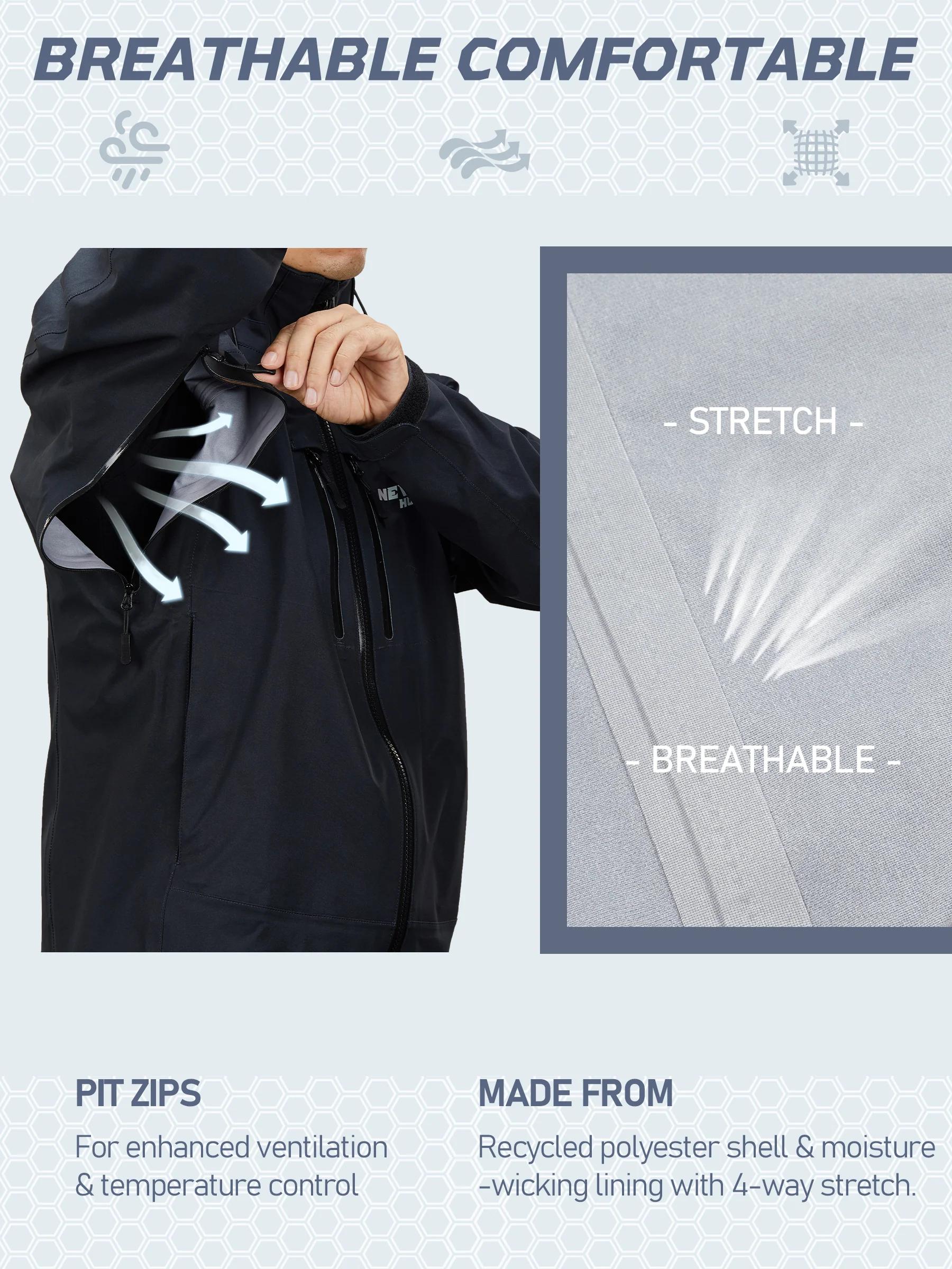 NEW VIEW Lightweight Rain Jackets for Men Waterproof with Hood, Hard Shell Stretch Rain Coat for Outdoor Travel