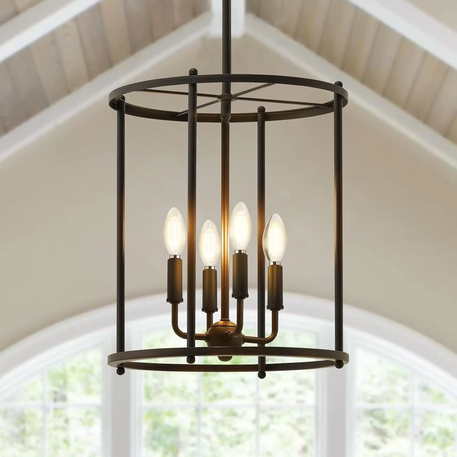4-Light Black Chandelier, Adjustable Lantern Ceiling Light Fixture