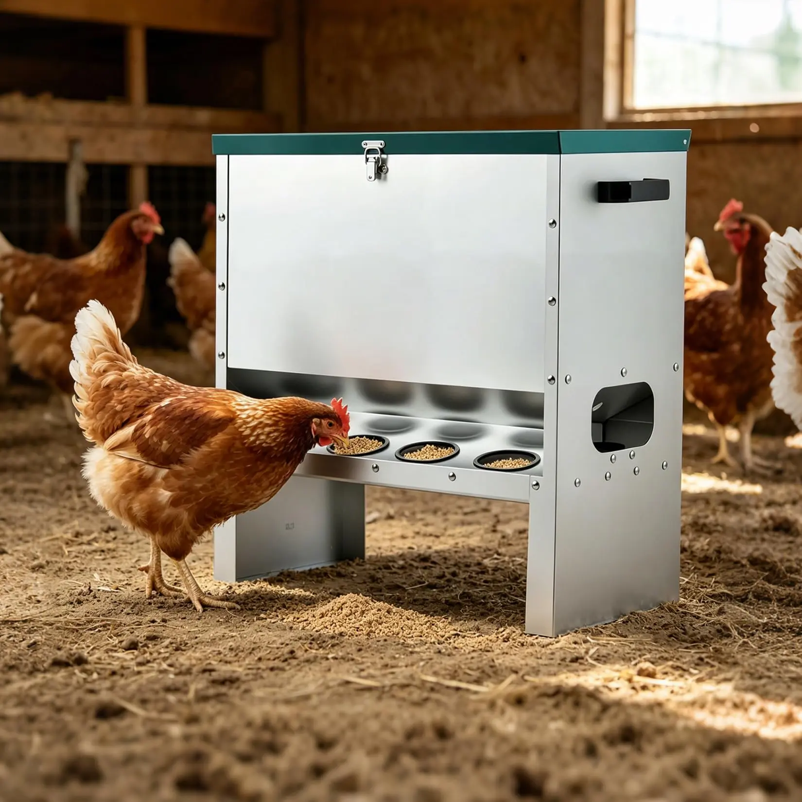 GARVEE 4-Slot No-Waste Galvanized Steel Automatic Poultry Feeder - Weatherproof, Rodent-Proof Feed Trough with Lockable Lid for Chicken & Duck Outdoor Coop