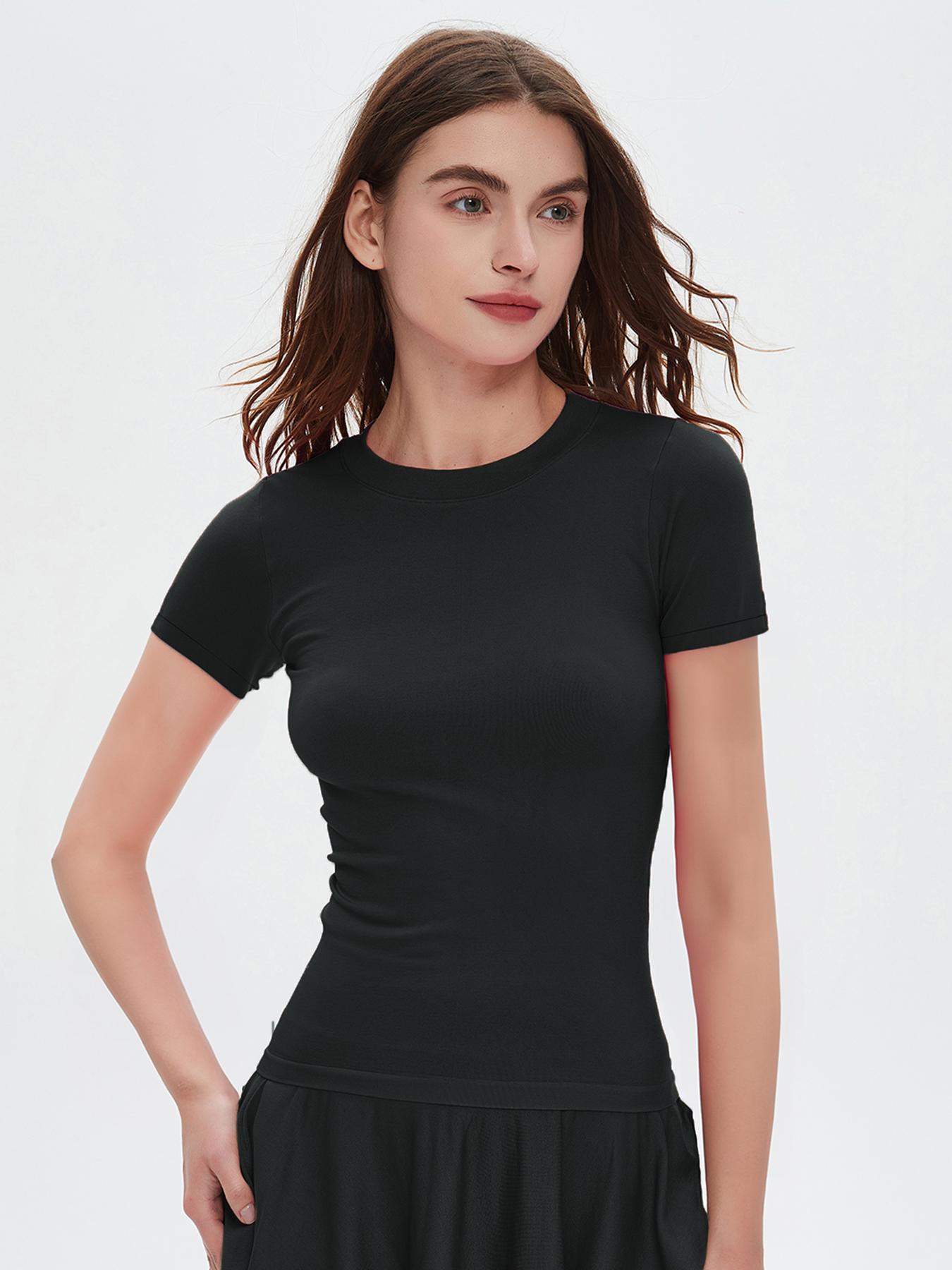 Women's Sporty Slim-Fit Yoga Short sleeve Top, Elastic Breathable Fabric, Plain Pattern XXL Size, All Season Wear, Athletic Yoga Shirts