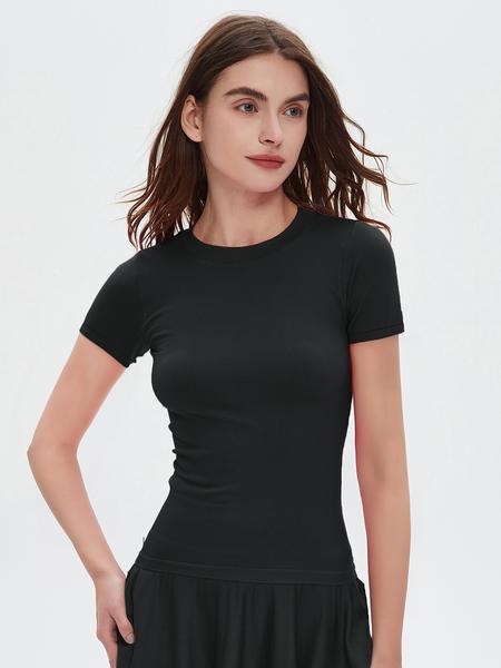 Women's Sporty Slim-Fit Yoga Short sleeve Top, Elastic Breathable Fabric, Plain Pattern XXL Size, All Season Wear, Athletic Yoga Shirts