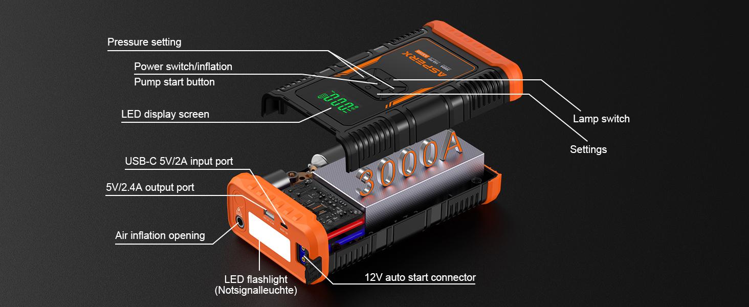 AsperX AX260 Jump Starter with Air Compressor, 3000A/150PSI  Car Battery Jump Starter, 12V Jumper Box Portable with Tire Inflator for Truck, Vehicle