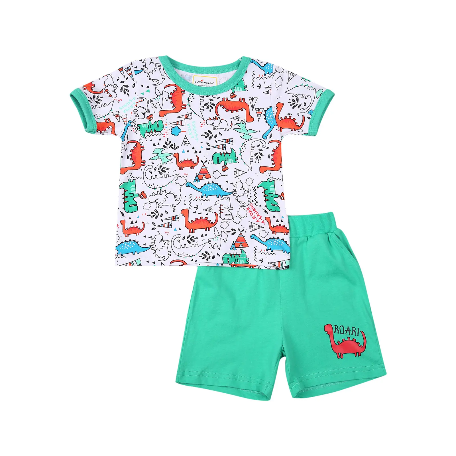 Boys 2 Piece Outfit Cartoon Dinosaur Print Short Sleeve Top with Shorts Cute Summer Set