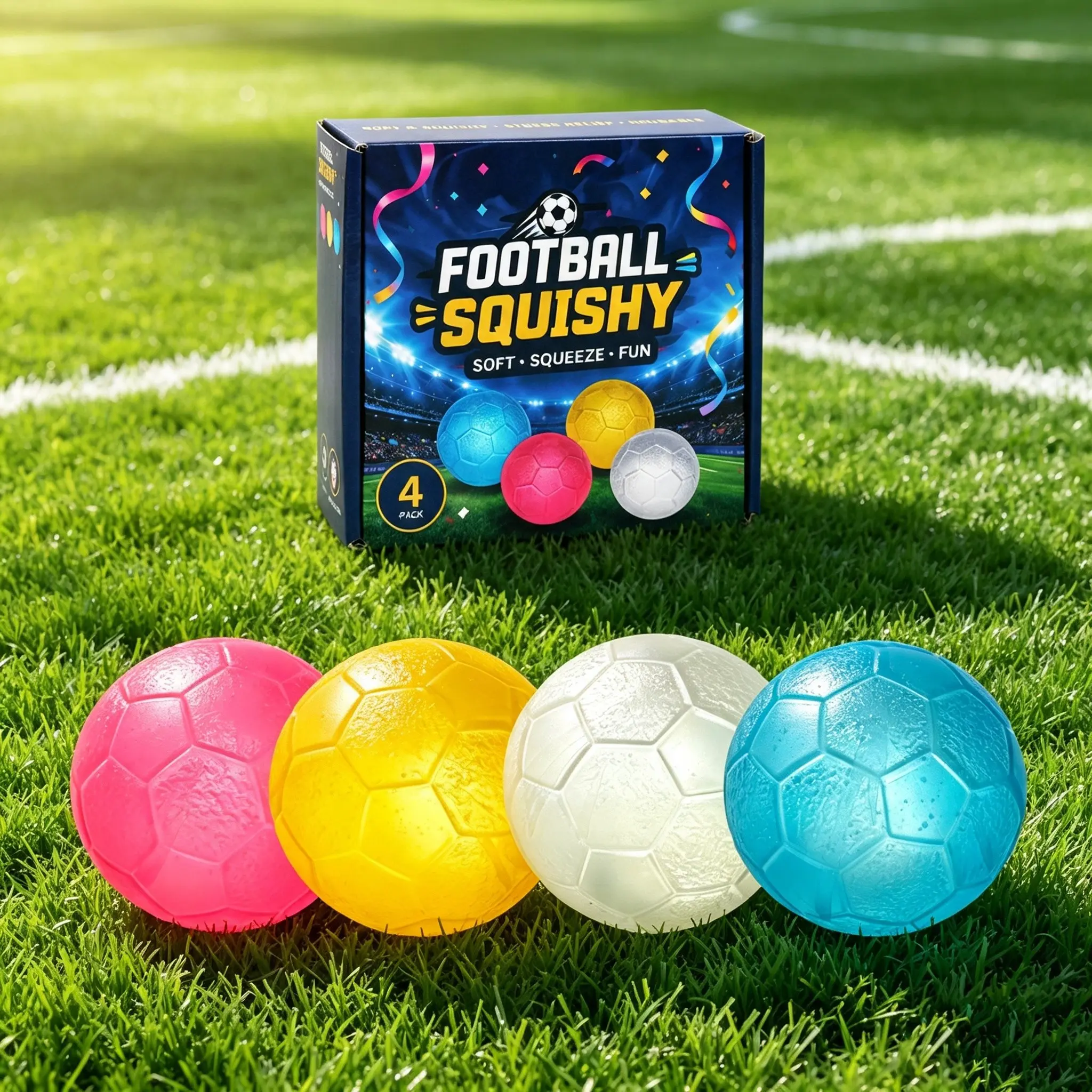 4-Pack Soccer Ball Squishy Stress Relief Toy Set, Squeezable Sports Fidget Balls for Kids and Adults, Fun Football Sensory Toy for Anxiety Relief, Soft Anxiety Fidgets, 4 Assorted Colors