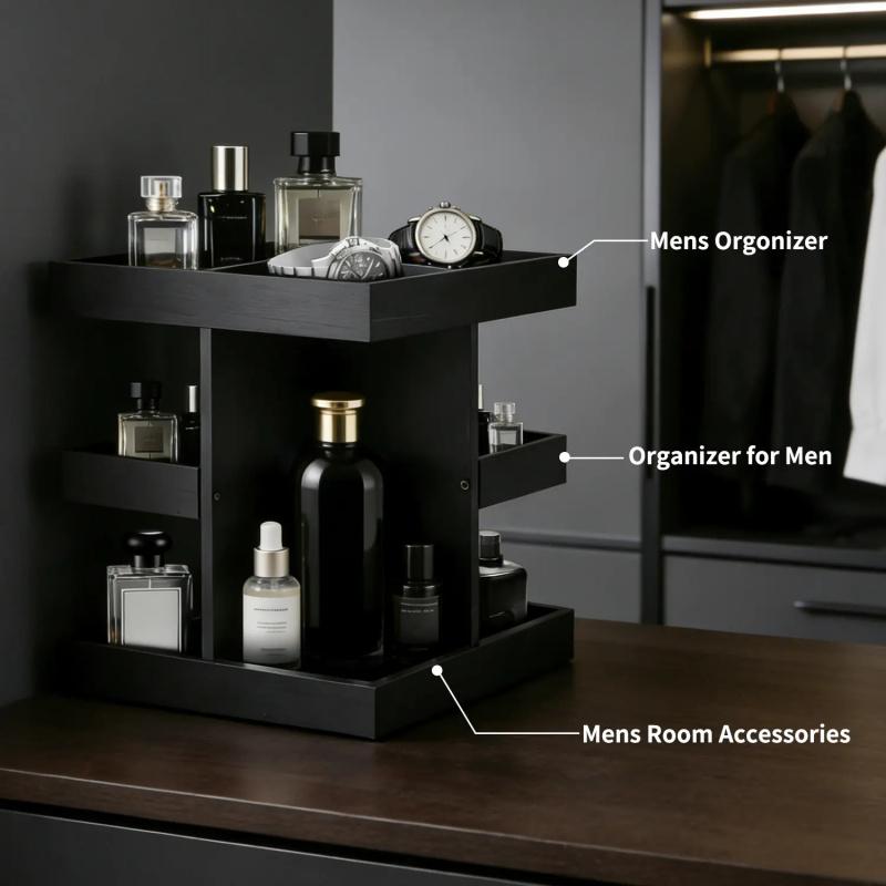 Cologne Organizer for Men, Rotating Cologne Stand, 3 Tier Wooden Perfume Shelf, Desk Organizer, Husband Boyfriend Birthday Gift Ideas