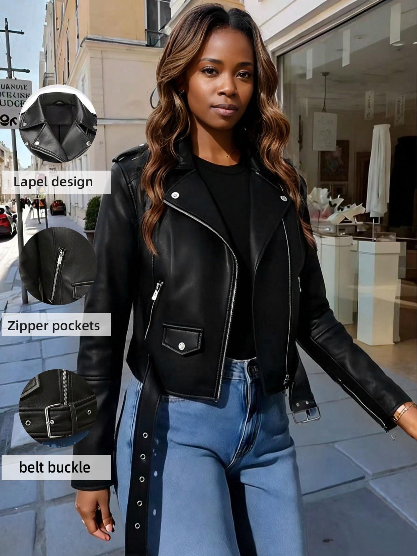 Women's Spring Jacket Vintage Street PU Coat, Fall Winter Casual Faux Leather Stand Collar Zipper Short Fitted Motorcycle Jacket with Belt