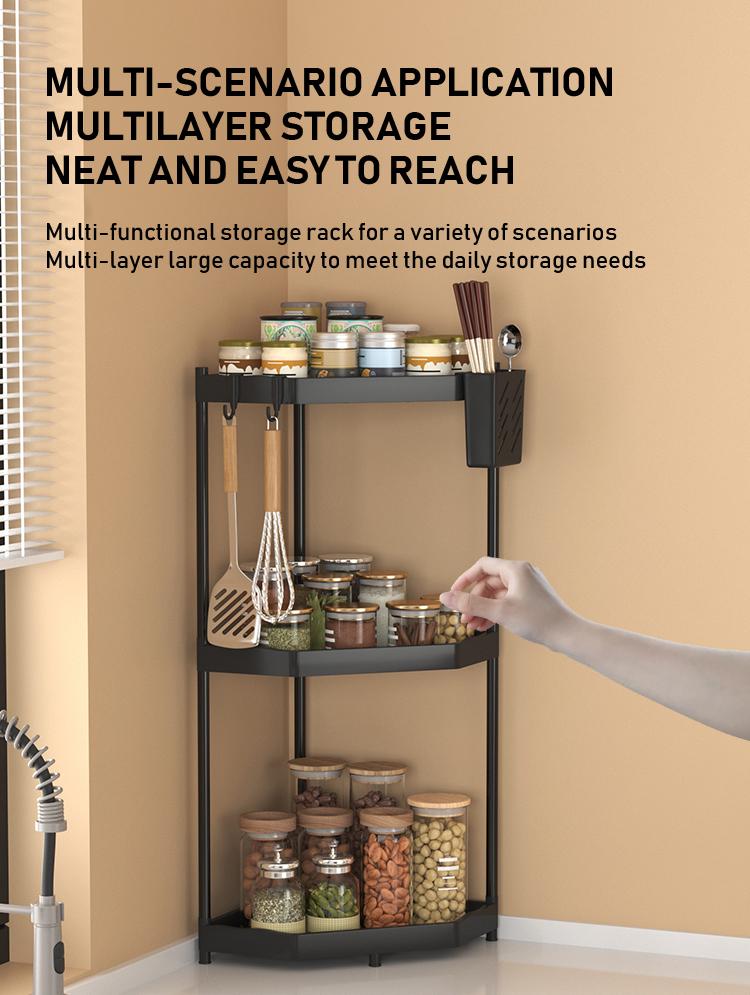 Kitchen Storage Rack, Space-Saving Corner Shelf, 2/3 Layer Standing Organizer, Ideal for Kitchen Utensils & Spices, Durable Design, Home Organizer Hook