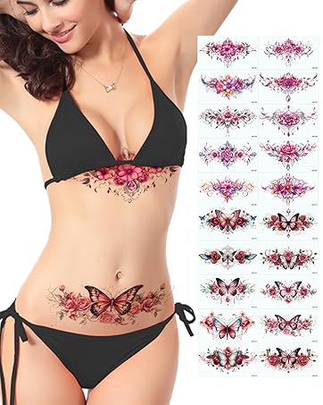 Black Butterfly Temporary Tattoos 12 Sheets Floral and Celestial Designs Waterproof Fake Tattoos Body Art Stickers for Women(Black butterfly-12C）