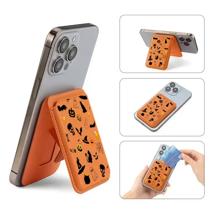 halloween Strong Magnetic Card Holder with Kickstand for iPhone 17/16/15/14/13/12 Pro Max – Premium PU Leather Wallet Case, Holds 2 Cards, Works for Samsung/Google/Motorola