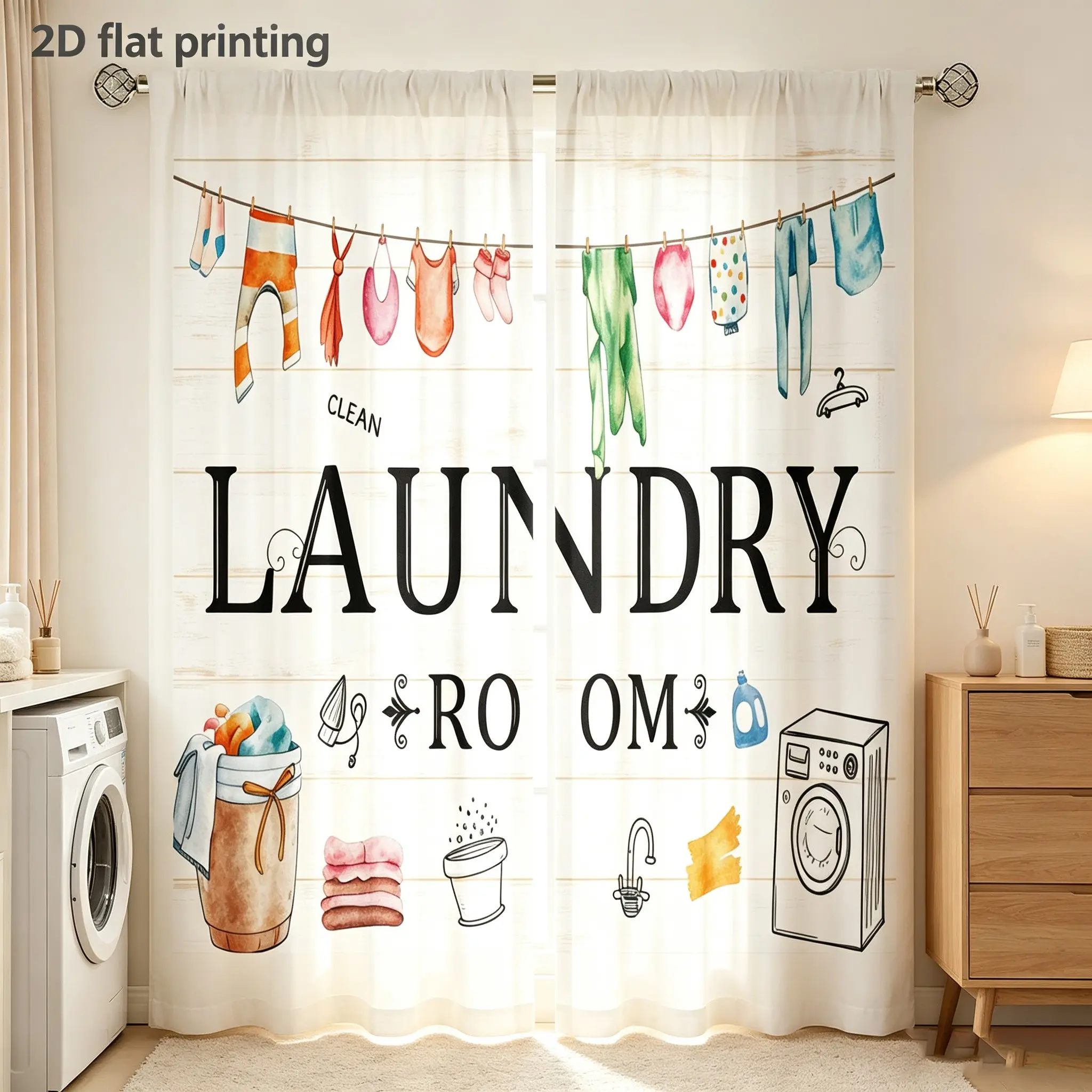 Cute Hand Drawn Laundry Element Curtain Set, Semi-Transparent Polyester, Rod Pocket Design, Home Decor, Bedroom and Living Room, Window Curtains