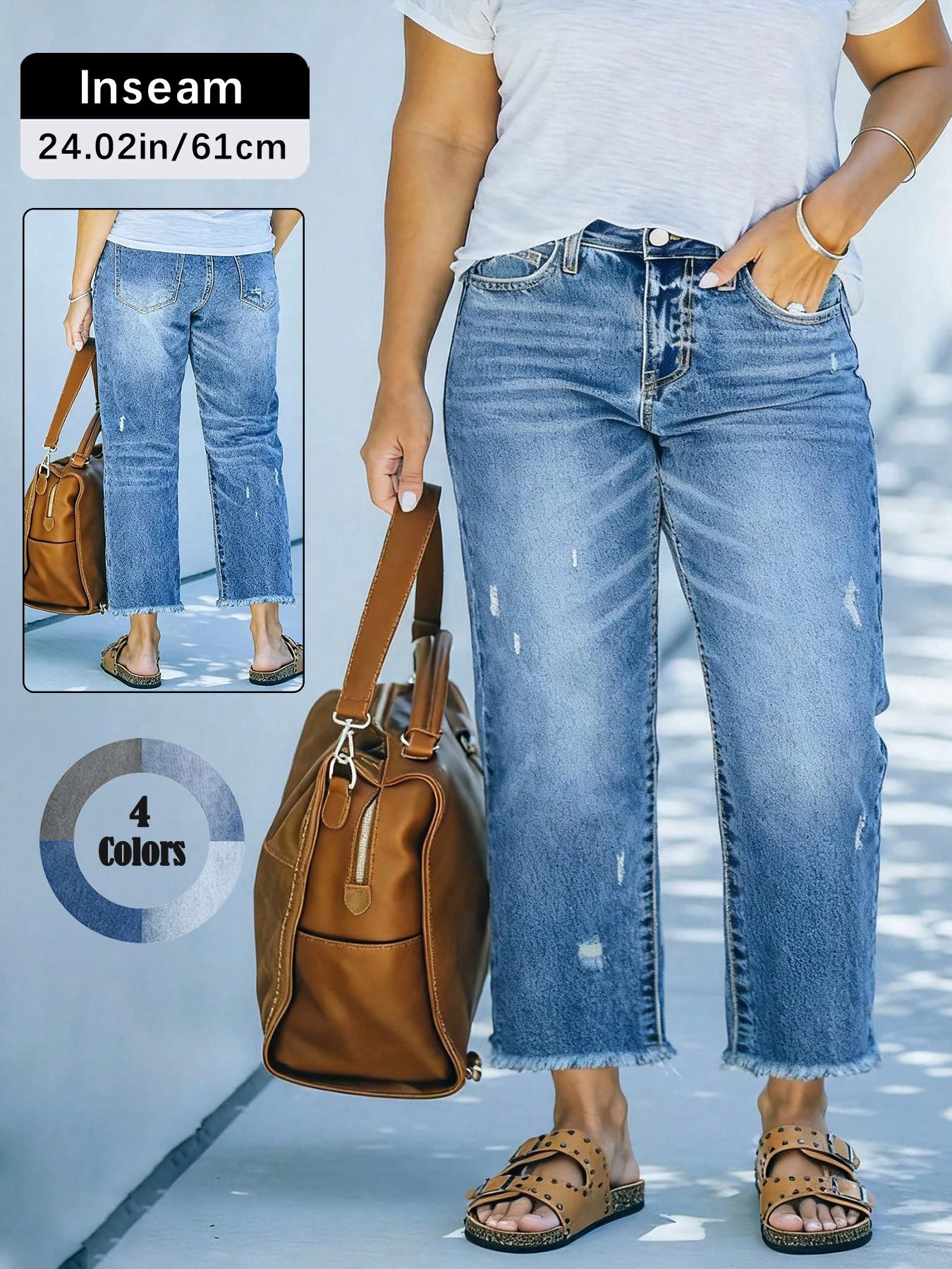 Women's Plus Size Mid-Waist Ripped Jeans, American Vintage Washed Edge Design, Casual Daily Wear, Loose-Fitting, All Seasons