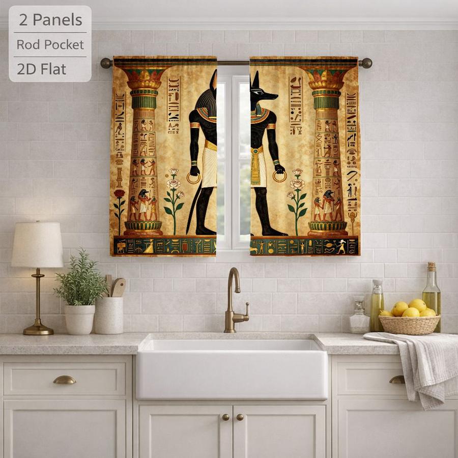 2Pcs Ancient Egyptian Mythology God Anubis Pattern Vintage Sun Blocking Curtains Digital Printed Rod Pocket, Window Treatment For Bedroom Office Kitchen Living Room Study Home Decor