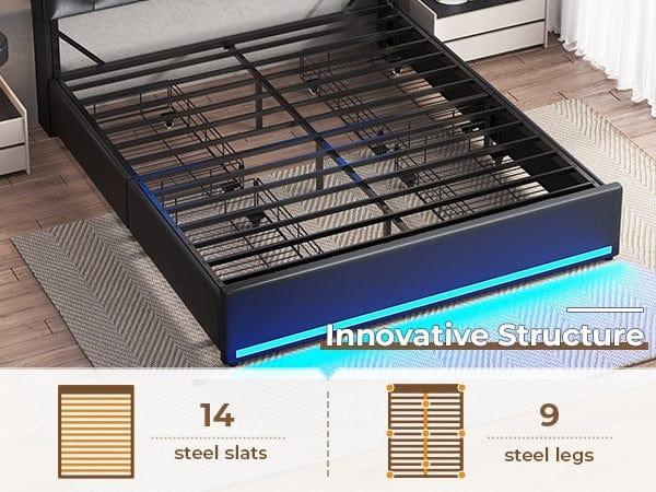 Sikaic Upholstered Platform Bed Frame with LED Lights & Charging Station Hidden Storage Headboard and 4 Drawers PU Black Modern Unique Furniture