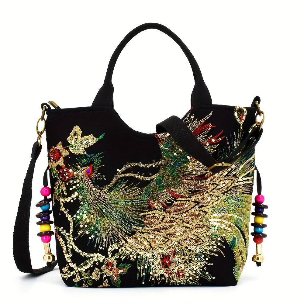 Outdoor Bohemian Canvas Tote Bag with Good luck, auspiciousness, Chinese style Phoenix Sequin Totem Design, Handmade Embroidery