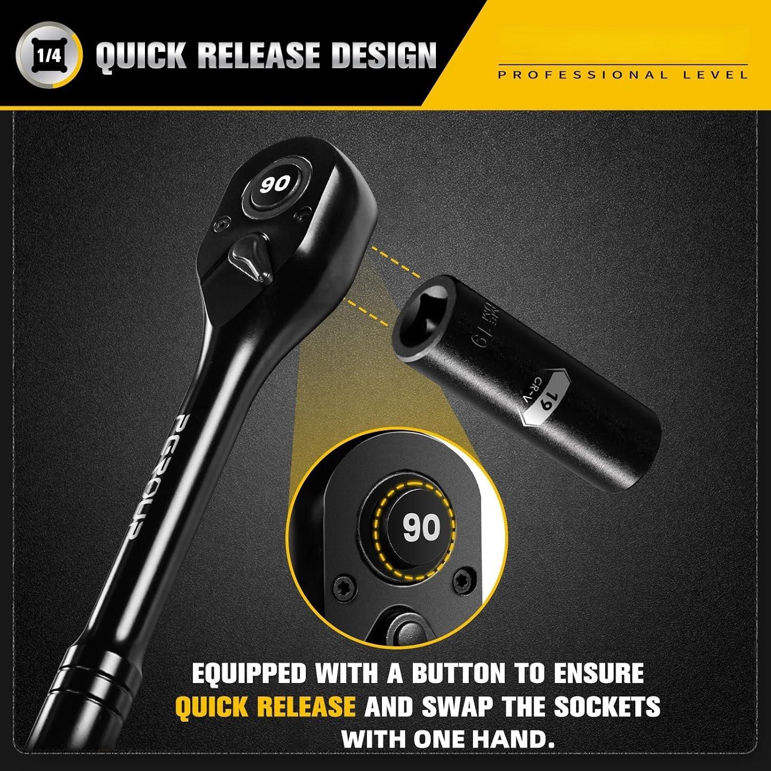 1/4-Inch Drive Ratchet Wrench, 90 Reversible Ratchet, 4- Swing, Handle, Chrome Alloy Made, Quick Release Ratchet Wrench for Repairing, , DIY 1/4-Inch Drive Ratchet Wrench, 90 Reversible Ratchet, 4- Swing, Handle, Chrome Alloy Made, Quick Release Ratchet Wrench for Repairing, , DIY