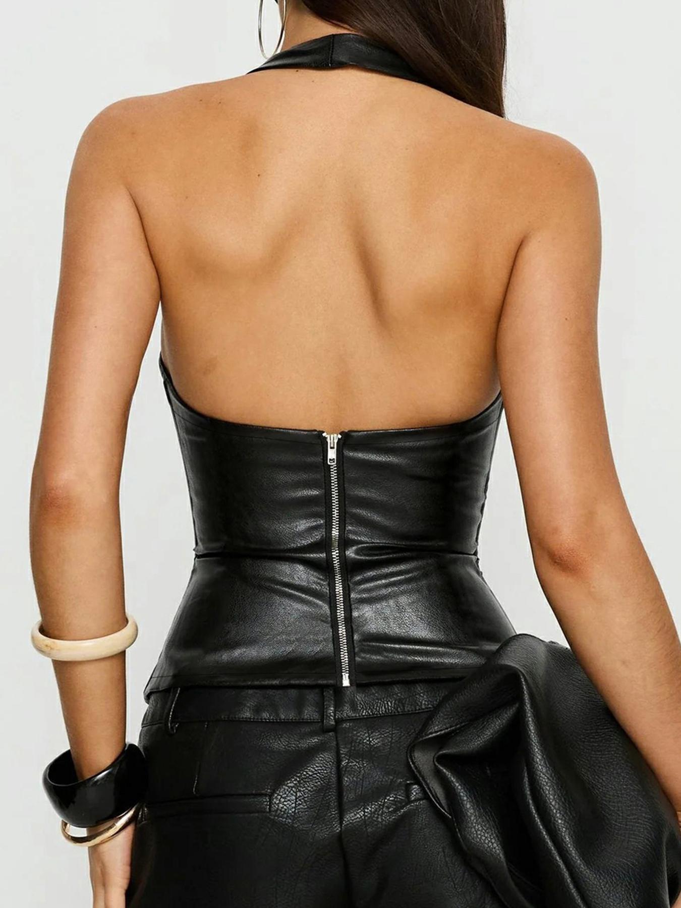 Vintage Street Style Antique Studded Copper Grommet Eyelet Backless PU Leather Halter Neck Top for Women, Sleeveless Slim Fit Short Vest