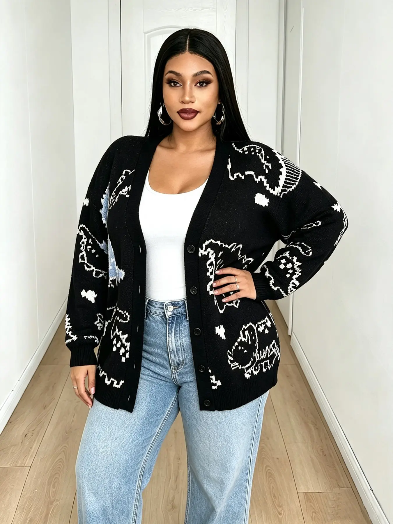Plus Size Dinosaur Print Knit Cardigan Fabric for Women, Light V Neck Button Down, Loose Long Sleeve Cartoon Sweater Coat, Curvy Casual Outwear, Knitwear, Knitting