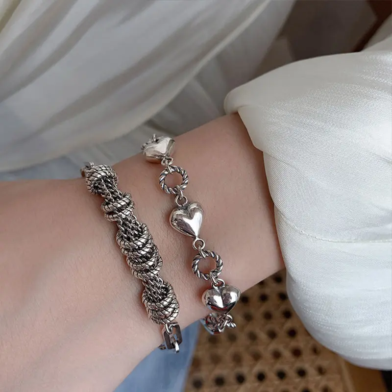 2 Pcs Retro Silver Plated Chunky Link Chain Bracelet Set Textured Twisted Rope Mesh Bracelet & Glossy Heart Twisted O-Ring Charm Bracelet for Women Girls