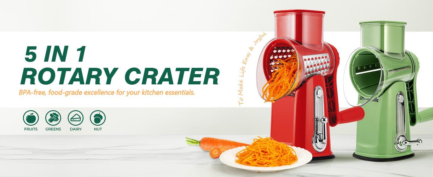 SUSTEAS 5-Blade Rotary Cheese Grater with Suction Base – Retro Green Mandoline Slicer for Effortless Grating & Shredding Vegetable Cutter Vegetable Fruit Cutter Kitchen Gadgets Utensils Ergonomic