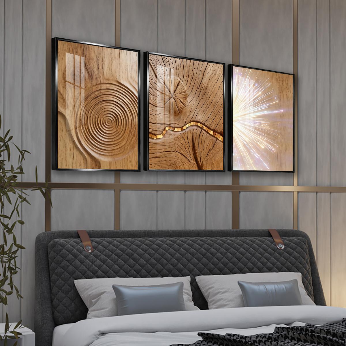 3 Counts Aluminum Alloy Framed Painting, Abstract Wood Texture And Light Burst Pictures, Home Decoration For Living Room, Bedroom, Office, Restaurant, Hallway Wall Decor, Odorless Print Artwork, Luxury Perfect Gift For Friends And Family