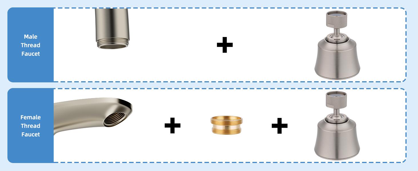 Kitchen Sink Faucet Head Replacement 4 Spray Faucet Sprayer Attachment with 2 Ball Joint, Big Angle Swivel, 55/64-27UNS Famale Thread, Male Thread Adapter Included, Brushed Nickel