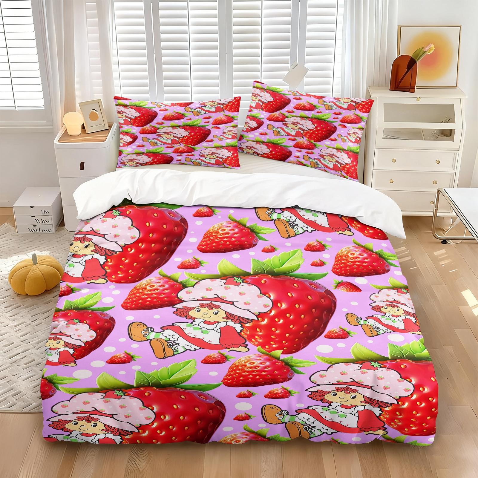 Vintage Strawberry Girl Cartoon 3-Piece Duvet Cover Set, Ultra-Soft Microfiber Bedding with 2 Pillowcases, Cute Kawaii Style Bedding for Kids Girls Bedroom Dorm Decor
