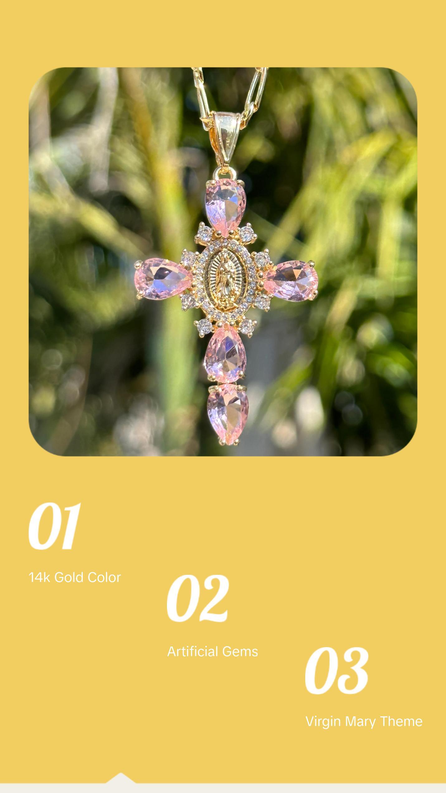 Our Lady of Guadalupe Cross Pendant NecklaceTeardrop Crystal Religious Jewelry. A golden cross adorned with a delicate image of the Virgin Mary, surrounded by sparkling teardrop-shaped crystals, available in purple/pink/transparent colors