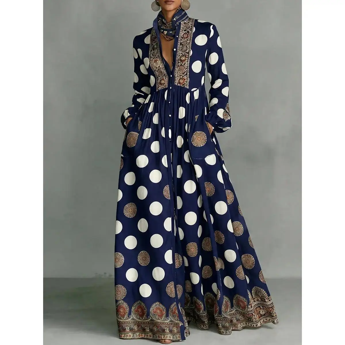 Ethnic Print Polka Dot Maxi Shirt Dress Women Stand Collar Long Sleeve High Waist Pleated Side Pocket Split Hem Flowy Floor Dress Bohemian Beach Resort Vacation Outfit Loose Casual Travel Long Gown (Ladies with C - Cup and Above Need To Order Two Size Up)