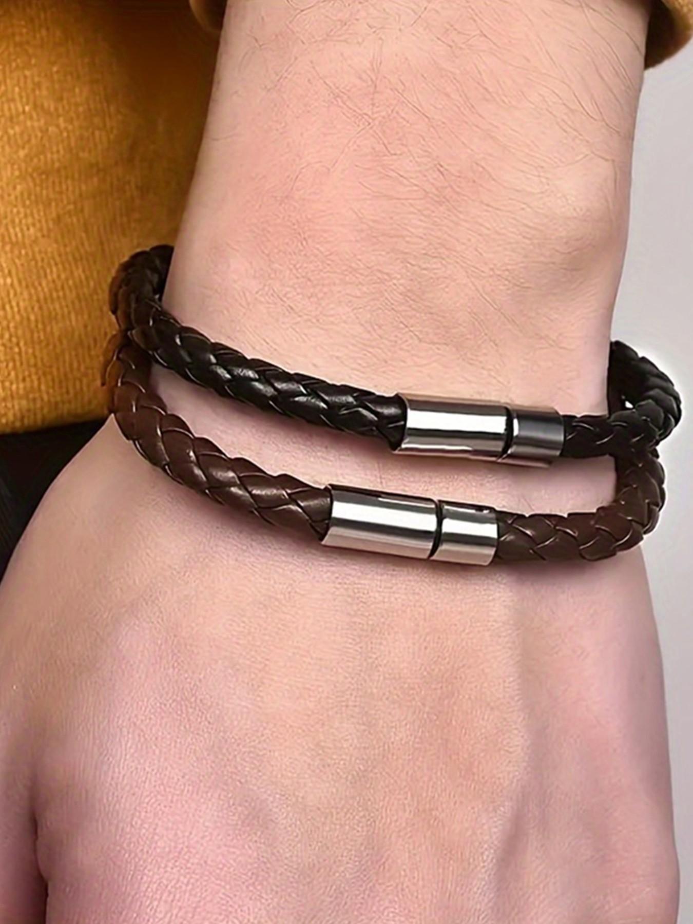 Men's Fine Woven Leather Bracelet, Minimalist Casual Style, Thin Braided Wristband, Fashion Accessory for Daily Wear, Perfect Gift