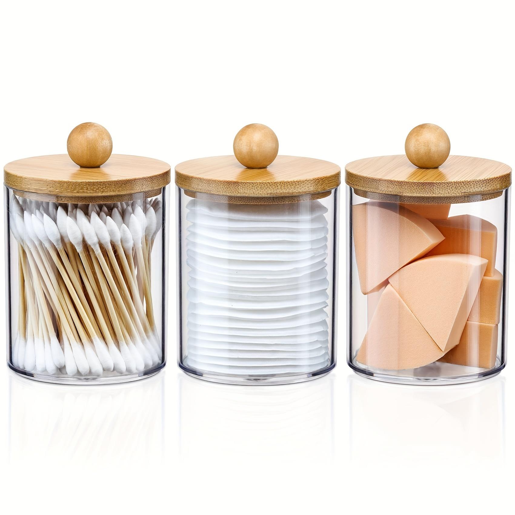 3 Piece 10 Oz Cotton Swab Organizer Set, Bamboo Lid Transparent Plastic Bottle Container, Makeup Storage Box Includes Swabs Balls Pads Floss