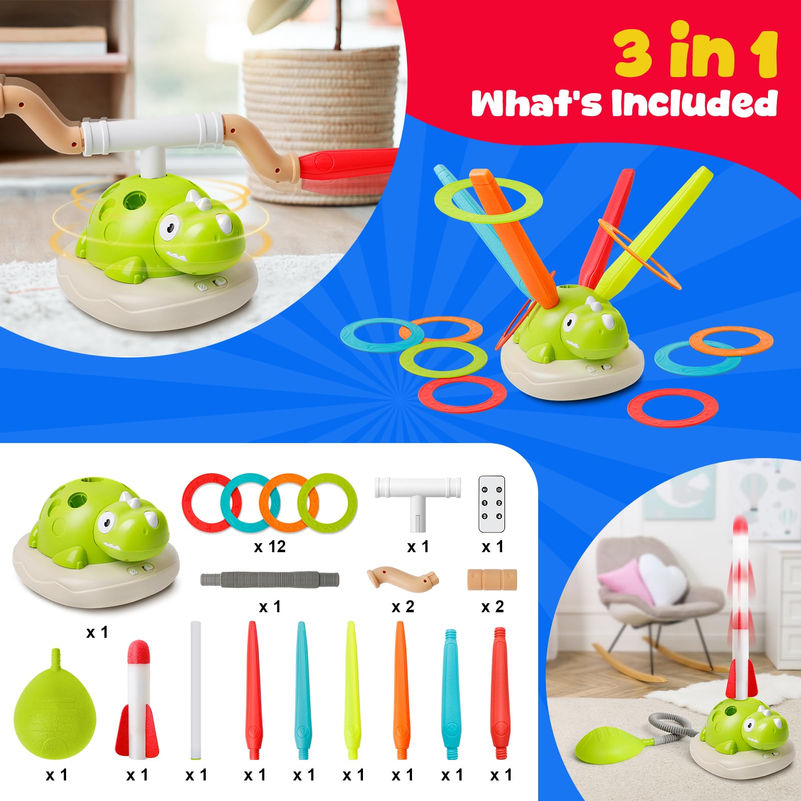 Edulok 3-in-1 Remote Control Dinosaur Play Set - Musical Bouncing Game with Ring Toss & Rocket Launcher, Perfect for Thanksgiving Family Fun, Indoor/Outdoor Active Play for Ages 3+