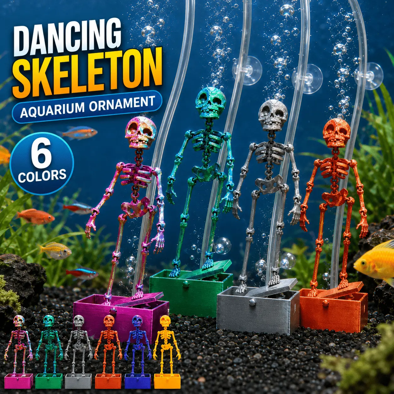 Fun dancing skeleton fish tank decoration, air pump activated swing fish tank decoration, whimsical underwater skeleton display, suitable for home fish tanks and table decoration