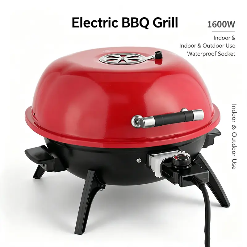Electric BBQ Grill, 1600W Portable Countertop Grill, Double Layer Indoor Outdoor Electric Grill with Adjustable Temperature, Waterproof Socket, Anti-Scald Handle, for Patio, Backyard, Camping & Family Cooking, Red