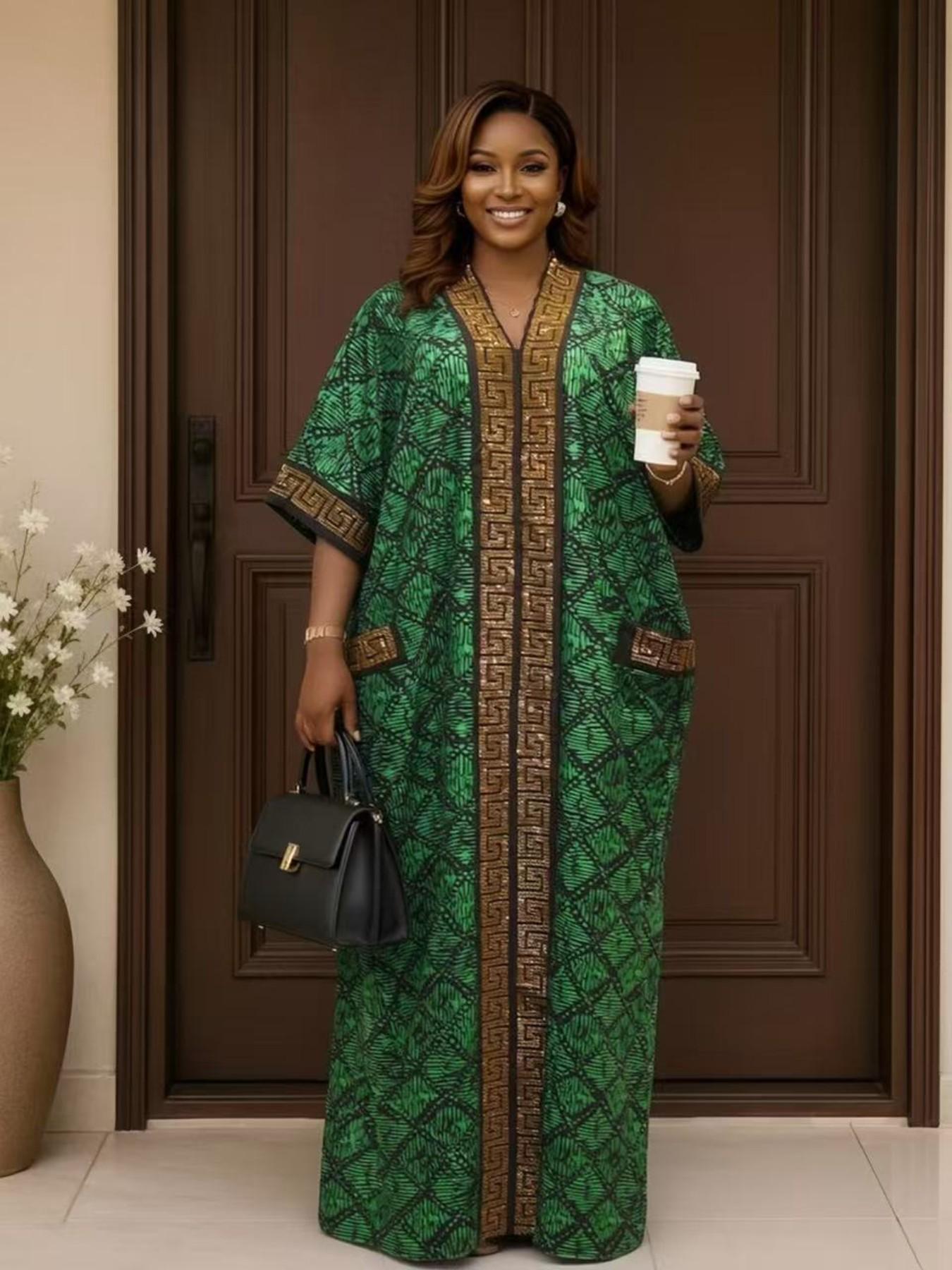 Hot selling plus size loose ethnic women's boubou kaftan high-end hot stamping printing V-neck short sleeved summer casual daily slimming retro party dress