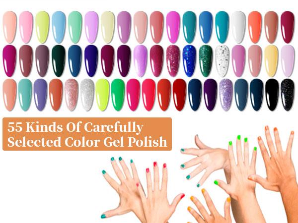 JODSONE 60 PCS Gel Nail Polish Starter Kit 55 Color Combination of Light and Dark Colors Emerald Green Klein Blue Soak off No Wipe Base Coat Matte and Glossy Top Coat Nail Gel Kit